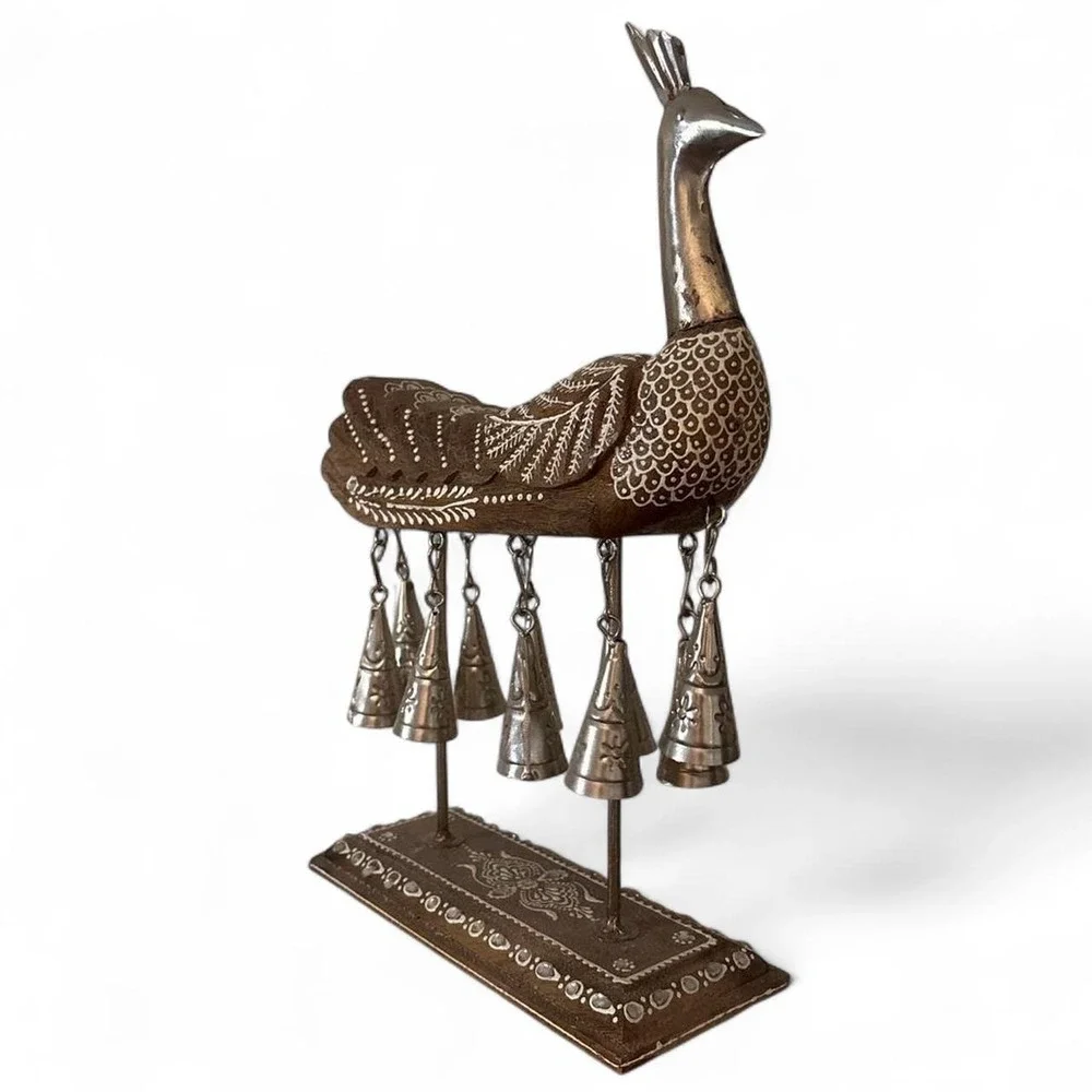 Unique handmade carved wooden peacock with bells